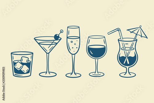 Tableau sur toile Set of various alcoholic cocktails and drinks in different glasses outline sketc