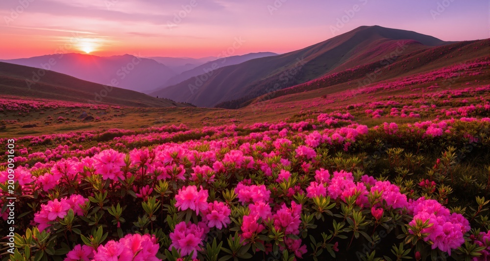 Fototapeta premium Rhododendron flowers covered mountains meadow in summer time. Pink sunrise light glowing on a foreground. Landscape photography 