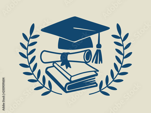 Foto Graduation icon with mortarboard, diploma, and books outline sketch vector illus