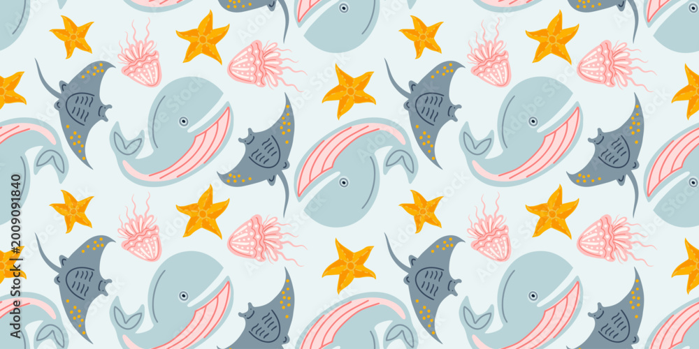 Fototapeta premium Seamless Scandinavian style pattern with whales, rays and jellyfish in pastel tones. Cute marine vector design for kids textile, wallpaper, packaging and nursery decor.