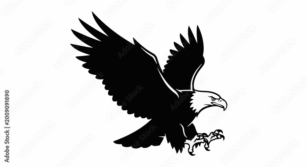 Naklejka premium Silhouette of a bald eagle in flight, talons extended
