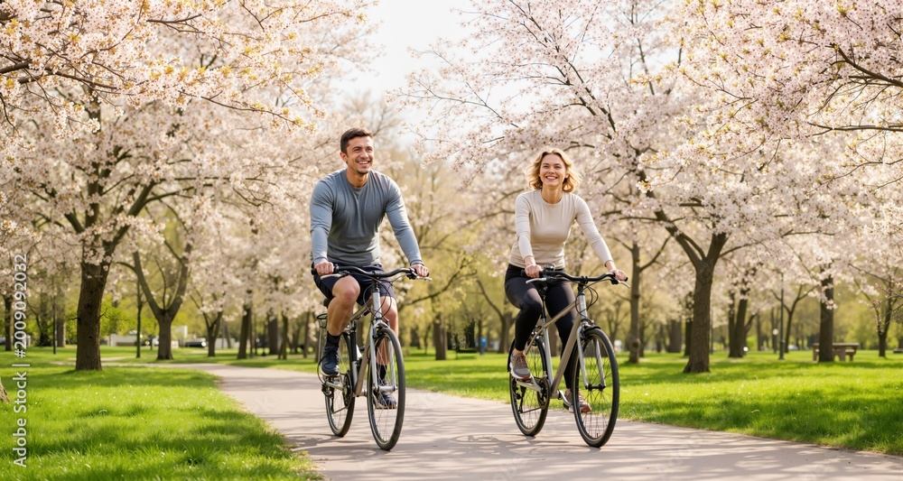 Fototapeta premium art an adult couple rides bicycles in a spring park with a joyful and peaceful mood of happiness. outdoor fitness. healthy lifestyle. Generative AI 