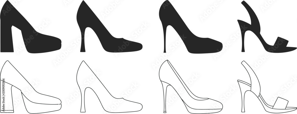 Εκτύπωση καμβά Womens high heel shoes icon set outline fashion footwear elegant vector illustra