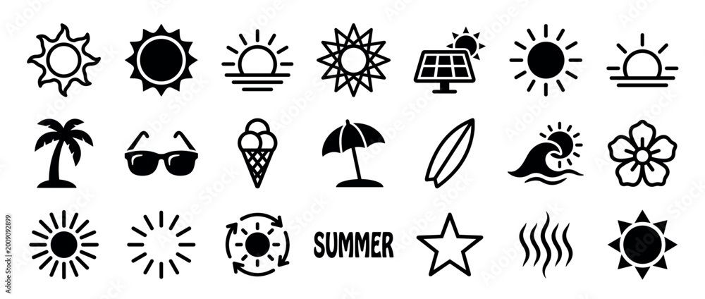 Fototapeta premium Collection of black summer vacation icons featuring a sun, palm tree, sunglasses, ice cream, and surfboard, illustrating a travel and holiday theme with simple, flat graphic symbols