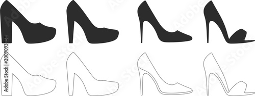 Foto Womens high heel shoes icon set outline fashion footwear elegant vector illustra