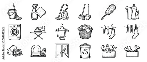 Large set of hand-drawn icons representing household chores, cleaning supplies, and home maintenance tasks in a detailed vintage sketch and engraving style illustration