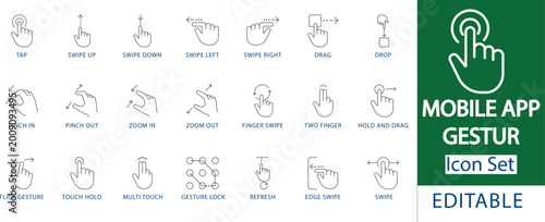 Fotografie Mobile App Gesture Icon Set: Professional Touch Interaction, Finger Swipe And Tap, Multi-Touch Zoom, Drag And Drop, And User Interface Navigation Line Icons