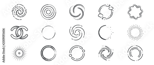 Collection of abstract circular and spiral icons in a hand-drawn line art style, featuring various symbols like vortexes, galaxies, sunbursts, and geometric shapes for creative projects