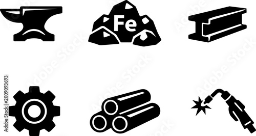Metal Industry and Blacksmith Work Black Icon Set. Vector