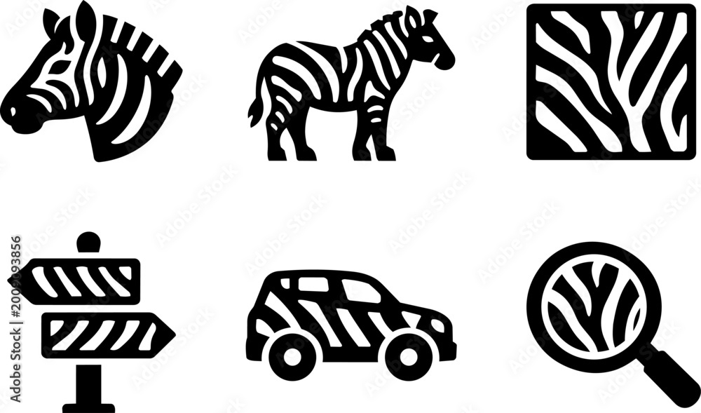 Fototapeta premium Zebra Wildlife and African Safari Black Silhouette Icons