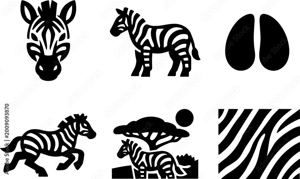 Fototapeta premium Zebra Wildlife and African Safari Black Silhouette Icons. Vector