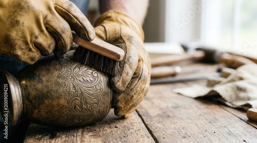 Handcrafted cremation urn being polished on wooden table with artisan tools nearby. Craftsmanship involves detailed cleaning using brush and cloth, showcasing beauty of urn.