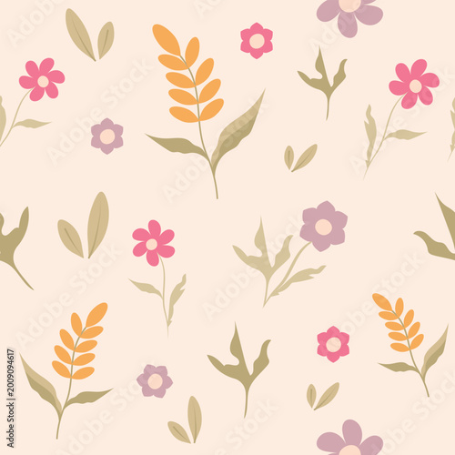 Seamless Floral Pattern with Wildflowers, Leaves and Pastel Colors on Beige Background for Textile Design