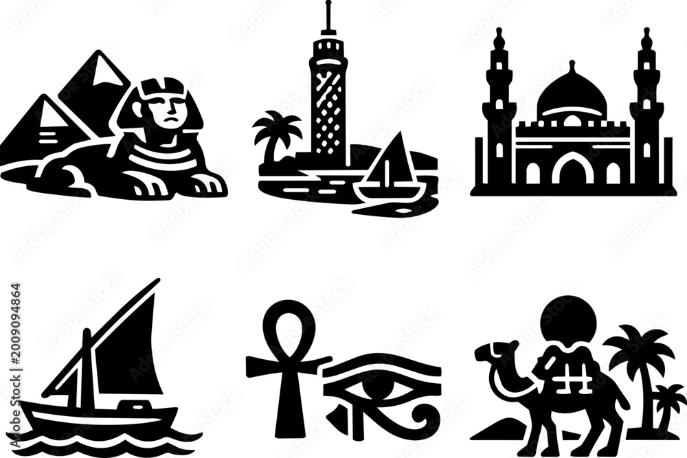 Fototapeta premium Egypt travel and ancient culture black glyph icon set