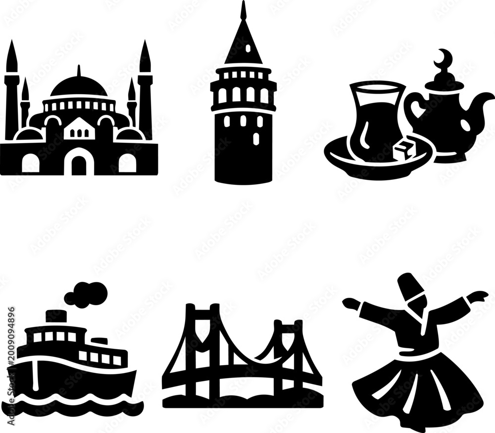 Fototapeta premium Middle East travel and culture black glyph icon set. Vector