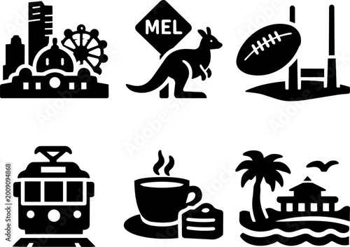 Australia landmarks and travel black glyph icon set