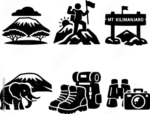 Mount Kilimanjaro hiking adventure black glyph icon set