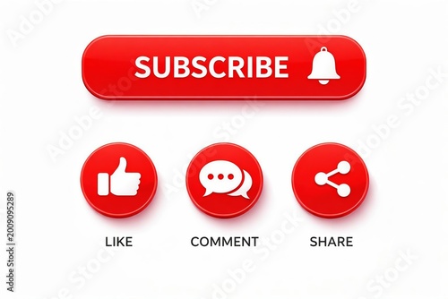 Red subscribe like comment share social media icons with bell notification