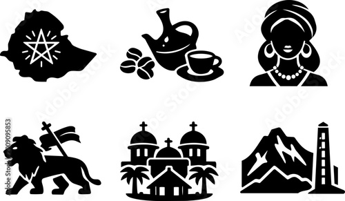Ethiopia vector line icon coffee church safari tuk