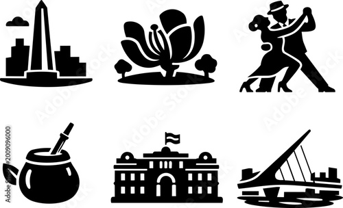 Buenos Aires Argentina culture and landmark silhouette icons