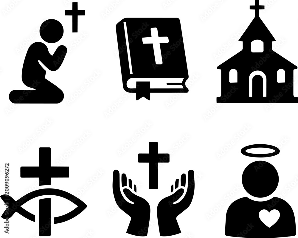 Naklejka premium Christianity and Faith Black Silhouette Icons. Vector