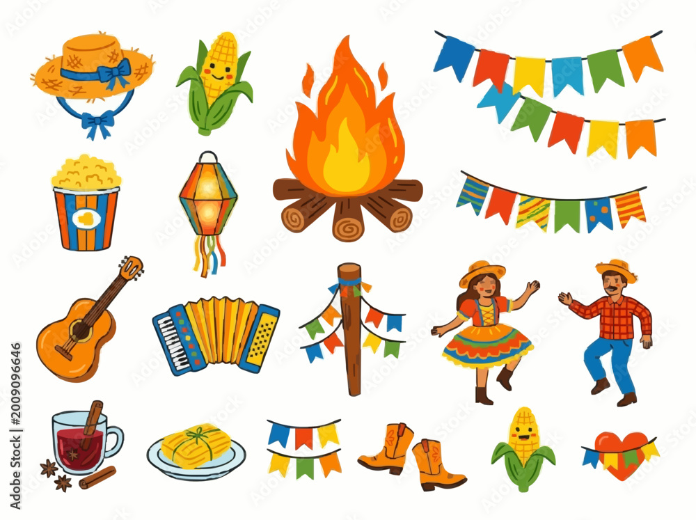Naklejka premium Brazilian festa junina icon set with bonfire corn popcorn and flags for seasonal festival design 