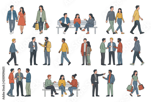Photos Diverse people walking and sitting in urban environments | Flat vector 2D CAD sc