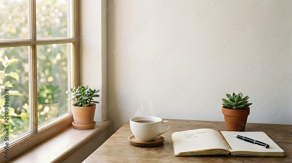 Fototapeta premium cozy morning study nook with tea and succulents by sunny window