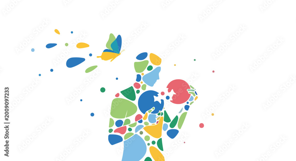 Fototapeta premium This colorful vector illustration depicts a human figure composed of organic shapes holding a broken sphere while a butterfly flies away.