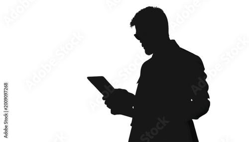 Executive silhouette examines data on a tablet computer to make informed decisions for projects.