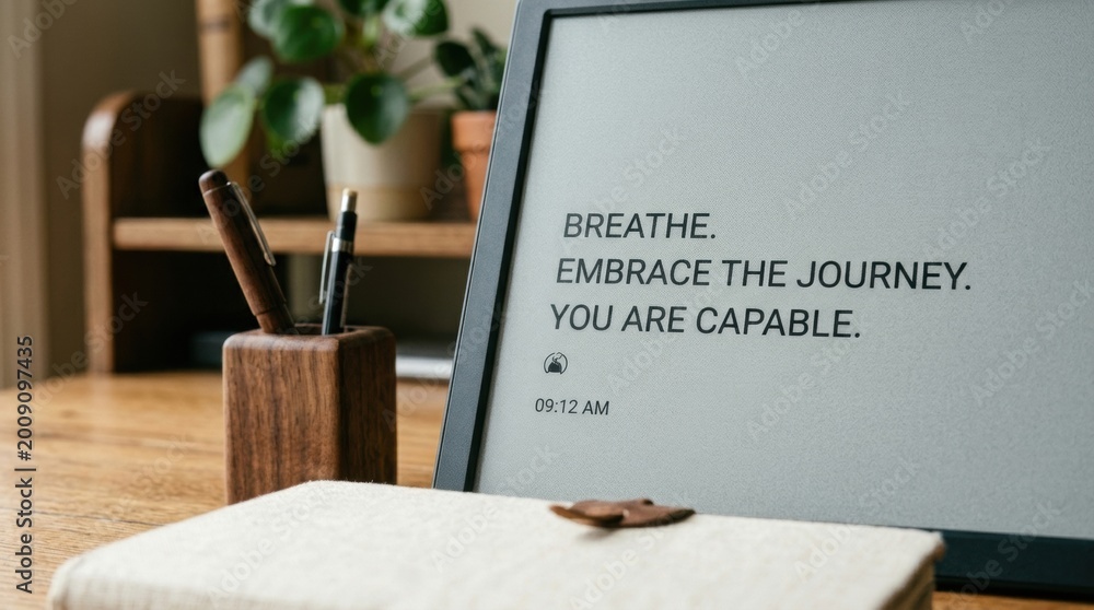 Fototapeta premium Framed motivational desk quote print with calming message on a wooden workspace for office background and inspirational poster design
