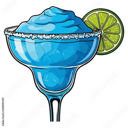 Blue Frozen Margarita Cocktail with Lime Wedge Vector Illustration