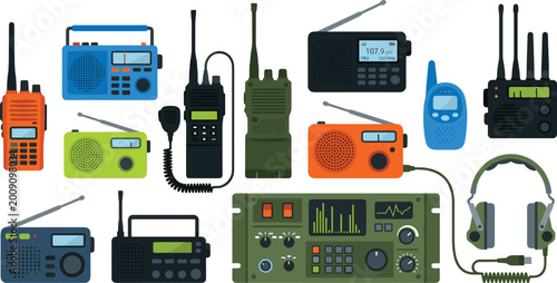 Obraz na plátně Variety of Communication Devices - Radios, Walkie Talkies, Headsets, and Militar
