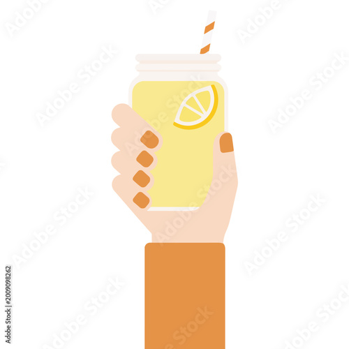 Foto Hand holding lemonade jar in flat design illustration