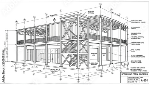 Fotografía Modern Industrial Platform Architectural Blueprint Featuring Structural Details,