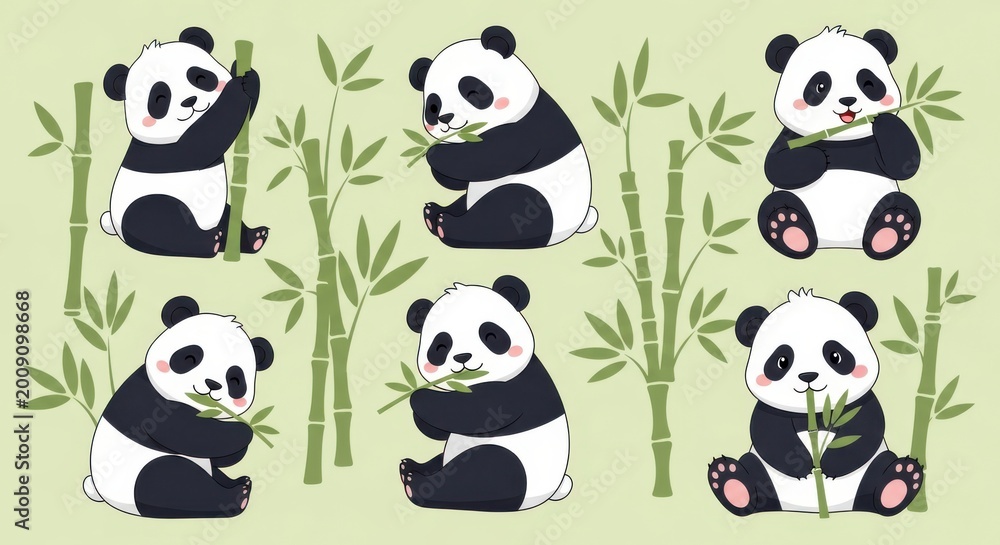 Obraz premium Cute pandas eating bamboo shoots on a light green background with plants bamboo forest black and whi