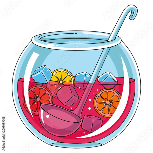 Slika na platnu Fishbowl Fruit Punch Cocktail Flat Vector Illustration