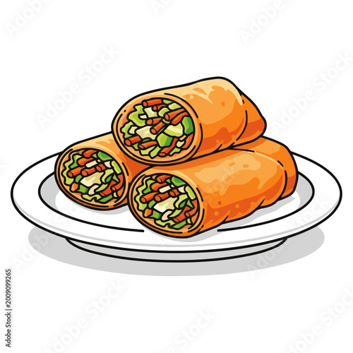 fried spring roll flat vector illustration on ceramic plate