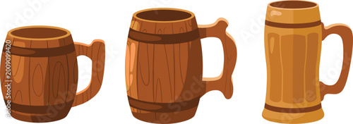 Canvas-taulu Set of rustic wooden beer mugs and barrel shaped cups with handles for tavern or pub beverage vector illustrations isolated on white background