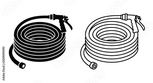 Coiled garden hose with spray nozzle black and white silhouette