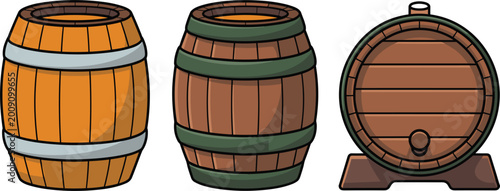 Fotografie Set of wooden barrels for aging whiskey and wine in three different perspectives, rustic beer keg vector illustrations isolated on a white background