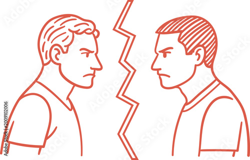 Photos Two people, in the style of linear graphics, stand face to face with angry expressions, separated by a zigzag line
