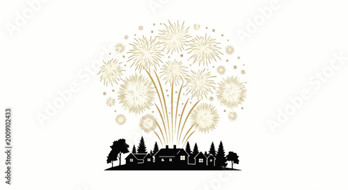 Silhouette village under a golden firework display
