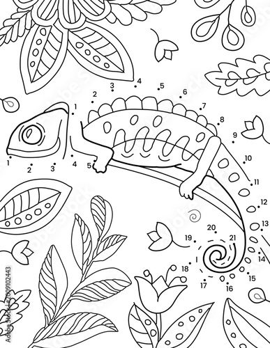Color by numbers. Hand drawn coloring for kids and adults with chameleon. Beautiful simple drawings with patterns. Coloring book pictures with animals. Vector
