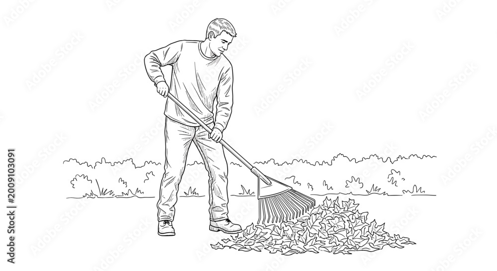 Fototapeta premium Man Raking Leaves Autumn Yard Cleanup