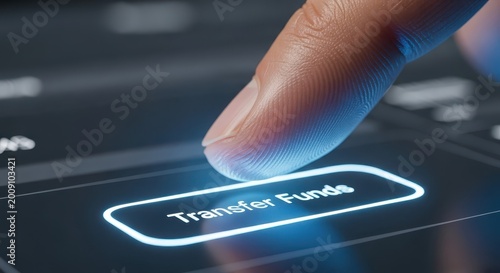 Finger presses a glowing digital button labeled to transfer funds on a touchscreen interface.