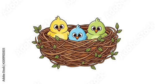 Canvastavla Three Cute Cartoon Baby Birds in a Nest
