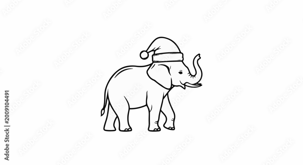 Obraz premium Sketch of an elephant wearing a Santa hat, walking right
