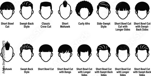 Photos Hairstyle Icon Set with Different Haircuts, Including Bowl Cut, Mohawk, and Curl