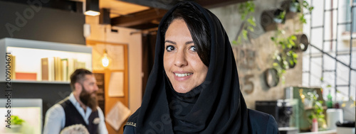 Photos Horizontal banner or header with north african businesswoman wearing typical isl